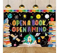 World Book Day Reading Backdrop 8x6FT Open A Book Open A Mind Students Classroom Library Photography Background Elementary Wallpaper Banner Decorations Supplies Photo Props