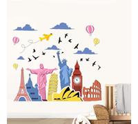 World Famous Landmarks Wall Decals: Peel and Stick Globe Travel Statue of Liberty Architecture City Buildings Wall Stickers - Living Room Bedroom Office Home Art Wall Decor