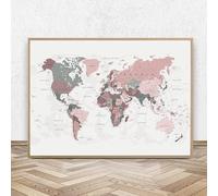 World Map Canvas Print Blush Pink Hunter Green Map of the World Poster Modern Wall Art Picture Painting for Living Room Office Decoration Frameless (50X70cm Unframed)