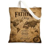 World Map Canvas Tote Bag for Women, Vintage Rustic Compass Text Father'S Day Brown Washable Reusable Market Tote Bags Idea, Brown, 13x15 Inch