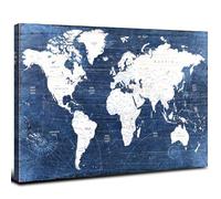 World Map Canvas Wall Art Office Wall Decor Modern Vintage Maps Picture Prints for Living Room Bedroom Retro Map of the World Painting Poster Navy Blue Artwork Framed Home Decorations 16x24” Gifts