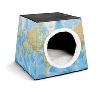 World Map Cat Bed for Indoor Cats - Foldable Cat & Dog House with Removable Cozy Cushion, Waterproof Oxford Washable Pet House for Small Pets 13.8" X 13.8" X 11.8"