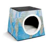 World Map Cat Bed for Indoor Cats - Foldable Cat & Dog House with Removable Cozy Cushion, Waterproof Oxford Washable Pet House for Small Pets 13.8" X 13.8" X 11.8"