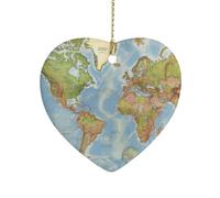World Map Ceramic Christmas Ornaments Double Sided Porcelain Hanging Heart Pendant for Xmas Tree, Holiday Home Decor and Gift Party Decorations