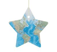 World Map Ceramic Christmas Star Ornaments - 2.7 Inch Rustic Star Xmas Tree Decor with Hanging String, Personalized Vintage Double-Sided Holiday Party Decorations for Xmas Gifts