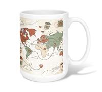 World Map Ceramic Coffee Mug, Travel Casual Coffee Cup Hearts None Green Novelty Tea Mug with Handle Ideal for Friends Family Co-Worker Lovers Eldership Senior 15 Oz