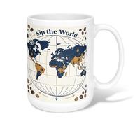 World Map Ceramic Coffee Mug, Travel Modern Coffee Beans Arrows None Navy Blue Novelty Hot Chocolate Mug with Handle Ideal for Friends Family Co-Worker Lovers Eldership Senior 15 Oz