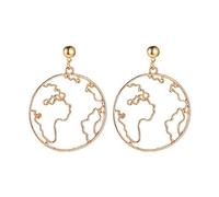 World Map Circle Hoop Earrings Gold Silver Metal Round Map Stud Earrings Gift for Traveler, Zinc, No Gemstone