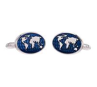 World Map Cufflinks - Silver Oval Shirt Cufflinks with Continents and Blue Oceans in Onyx Art Cufflink Gift Box