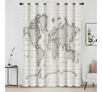 World Map Curtains, Wave Black White Grey Print Blackout Curtains 72 Inch Drop, Geography Eyelet Thermal Insulated Window Curtains & Drapes for Bedroom, Living Room, 66x72 Inch 2 Panels a4Q8