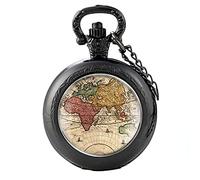 World Map Design Vintage Quartz Pocket Watch Men Ladies Pendant Necklace Chain Clock, Black