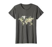 World Map Educational Animals Earth Geography Art T-Shirt, Women, Asphalt Grey, Large