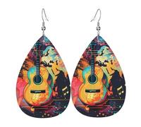 World Map Guitar Illustration Earrings for Women, Leather Earrings Teardrop for Women Trendy, Tear Drop Earrings Jewelry
