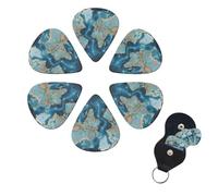 World Map Guitar Picks 6 Pack, 0.71mm Thickness Celluloid Bass Pick with Leather Guitar Pick Holder Keychain Abstract Art Pics Plectrum for Acoustic Electric Guitar, Ukulele, Bass