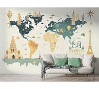 World Map Landmark Wall Mural, Self-Adhesive Peel & Stick Wallpaper, Architecture Castle Design Photo Wallpaper for Living Room & Bedroom (150x100 cm), F-166