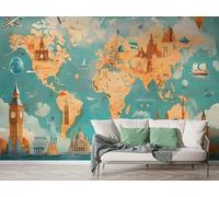 World Map Landmark Wall Mural, Self-Adhesive Peel & Stick Wallpaper, Architecture Castle Design Photo Wallpaper for Living Room & Bedroom (100x70 cm), F-336
