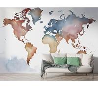 World Map Landscape Wall Mural, Self-Adhesive Peel & Stick Wallpaper, Landmark Watercolor Design Photo Wallpaper for Living Room & Bedroom (200x140 cm), F-273