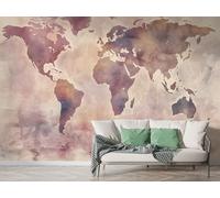 World Map Landscape Wall Mural, Self-Adhesive Peel & Stick Wallpaper, Watercolor Ocean Design Photo Wallpaper for Living Room & Bedroom (450x315 cm), F-344