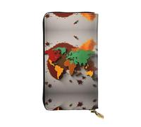 World Map Made of Spices Print Leather Long Clutch Wallet – Fashionable Personalized Wallet, Multiple Card Slots, Gift Ready, Black, One Size