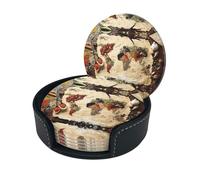 World Map Made Up Of Spices Print Chic Round Leather Coasters â€“ Set Of 6 Full-Print Coasters In A Premium Pu Leather Storage Box