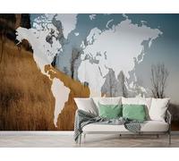 World Map Meadow Wall Mural, Self-Adhesive Peel & Stick Wallpaper, Landscape Sky Design Photo Wallpaper for Living Room & Bedroom (450x315 cm), F-272