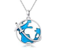 World Map Necklace 925 Sterling Silver World Map Flight Pendant Blue Enamel Airplane Earth World Map Jewelry Gifts for Women Men