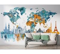 World Map Nordic Style Wall Mural, Self-Adhesive Peel & Stick Wallpaper, Landmark Landscape Design Photo Wallpaper for Living Room & Bedroom (400x280 cm), F-241