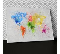World Map Paint Splatter Blue Green Canvas Wall Art, Framed Ready to Hang Picture Print AB347