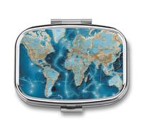 World Map Pill Box - 2 Compartment Travel Pill Organizer with Small Mirror, Portable Pillcase for Pocket & Purse, Cute Square Medicine Case, Weekly Medicine Container
