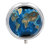 World Map Pill Box 3 Compartment Waterproof Pill Container with Mirror Metal Medicine Box Organizer Portable Vitamin Case for Pocket & Purse Travel - Round