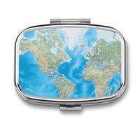 World Map Pill Box Elegant Metal Pill Case with 2 Compartments, Slim Portable Medicine Organizer for Purse, Pocket, Travel