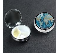 World Map Pill Box with Mirror 3 Compartment Decorative Pill Case for Purse or Pocket Small Round Pill Organizer Weekly Metal Medicine Tablet Vitamin Holder Travel Gift