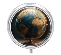 World Map Pill Case with Mirror Retro 3 Compartments Small Pill Organizer Metal Round Pill Box or Vitamins Fish Oil Supplement Pill Container for Travel Purse Pocket