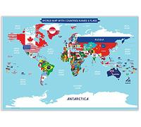 World Map Poster with Countries FLAGS For Kids (Small size13x19 World Map Laminated) Perfect World wall Map for School classroom or home