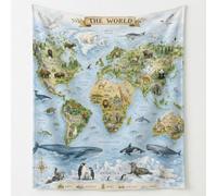 World Map Print Blanket Throws Animals Marine Life Island Throw Blankets Soft Cozy Fleece Plush Flannel Bedding Blanket for Kids Adults Couch Travel 130 x 150 cm Blue