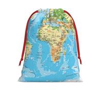 World Map Print Christmas Drawstring Gift Bags, Xmas Holiday Fabric Gift Wrapping Bag For Party, Size-L