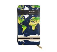 World Map Print Leather Long Clutch Wallet – Fashionable Personalized Wallet, Multiple Card Slots, Gift Ready, Black, One Size
