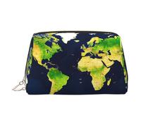World Map Print Premium Leather Toiletry Travel Pouch with Waterproof Portable Pouch Open Flat Makeup Bag