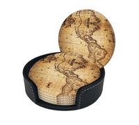 World Map Print Round Leather Coasters - Set Of 6, Ultra-Fiber Pu Leather