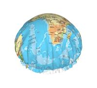 World Map Print Shower Cap, Lined Shower Cap For Women Reusable, Double Layer Waterproof Bath Cap