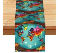 World Map Printed Table Runner, Farmhouse Spring Floral Decor, Autumn Fall Harvest Dining Scarf