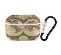 World Map Retro Earbuds Organizer Shockproof Protective Airpods Pro Cover with Carabiner Clip Anti Fall Carrying Earphone Case Cover for Airpods Pro 2nd Generation White