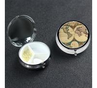 World Map Retro Pill Box 3 Compartment Pill Case for Purse or Pocket Small Medicine Organizer with Mirror Travel Pillbox Decorative Metal Vitamin Container Unique Gift