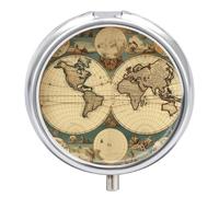 World Map Retro Pill Box 3 Compartment Waterproof Pill Container with Mirror Metal Medicine Box Organizer Portable Vitamin Case for Pocket & Purse Travel - Round