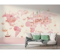 World Map Sailboat Wall Mural, Self-Adhesive Peel & Stick Wallpaper, Castle Architecture Design Photo Wallpaper for Living Room & Bedroom (300x256 cm), F-296