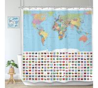 World Map Shower Curtain, 3D Effect Bathroom Curtains World Map 180x200 cm Quick-Drying Mildew Resistant Fabric Waterproof Machine Washable Bath Curtain with Hooks U215