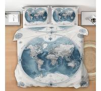 World Map Super King Duvet Cover Set, Nautical Chart Soft Microfiber Bedding with Pillow Cases, Compass Quilt Cover Easy Care, Blue Duvet Cover with Zipper, 260x220cm L26y