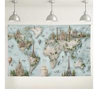 World Map Travel Backdrop, Vintage Illustrative Adventure Decorations, Global Journey Photography Background for Birthday Party, Wanderlust Decor, Travel Themed Event Supplies 71x43 Inch