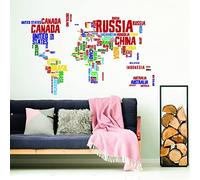 World Map Vinyl Wall Sticker - Country Name Word Kid Large Art Decor Decal - Peel and Stick Globe Explore Playroom Fun Mural - Map Sticker (39'' x 22'' (100x55 cm))
