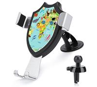 World Map with Lots of Animals on Turquoise Background Car Phone Mount Stand, Hands Free Cell Mobile Phone Holder, Non-Slip Ultra Stable Universal Fit Automobile Clamp Cradle